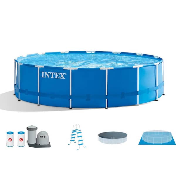 Intex 18 ft. W x 4 ft. Round Metal Frame Above Ground Swimming Pool Set Pump, Ladder and Cover