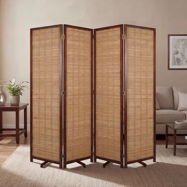 61 in. W x 64 in. H Brown Bamboo Room Divider Screen, Natural Weave Privacy Partition Indoor Outdoor (4-Pieces)