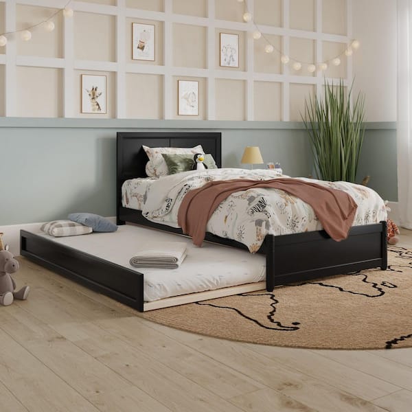 Lylah Black Wood Frame Twin Platform Bed with Panel Footboard and Twin Trundle
