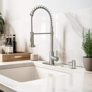 Single Handle Pull-Down Kitchen Faucet with Spring Neck Dual Sprayer and Soap Dispenser in Stainless Steel