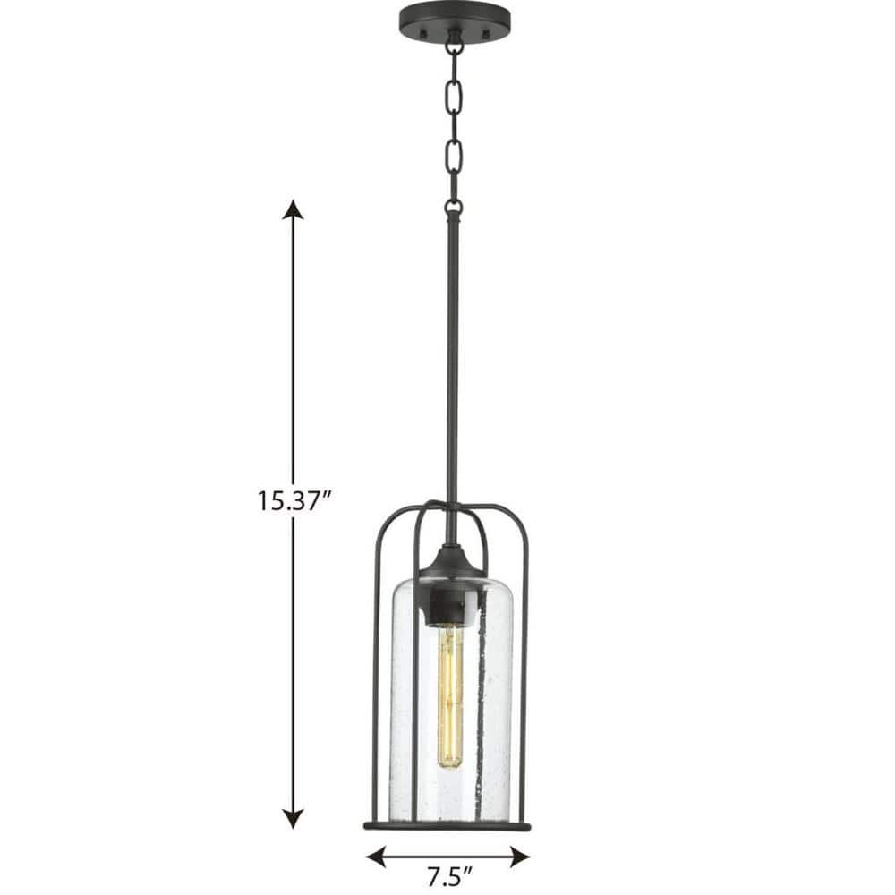 Textured Black Farmhouse Hanging Pendant Lantern with Seeded Glass Shade