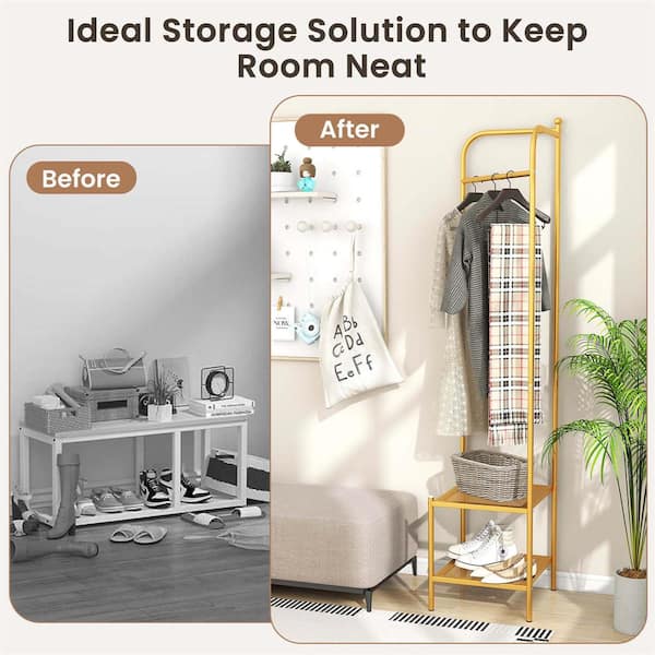 Costway Golden Corner Coat Rack with Shelves Freestanding Hall