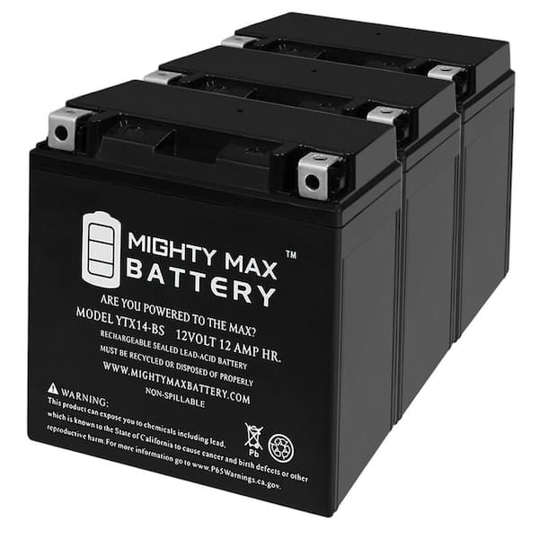 MIGHTY MAX BATTERY YTX14-BS Replacement Battery for Honda TRX420 FourTrax Rancher 2x4 2021 - 3 Pack