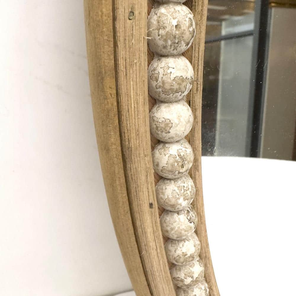 Brown Oval Rattan and Wood Decorative Wall Mirror with Resin Bead Accent