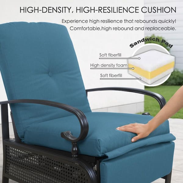KOZYARD Black Metal Outdoor Recliner with Aqua Cushions for
