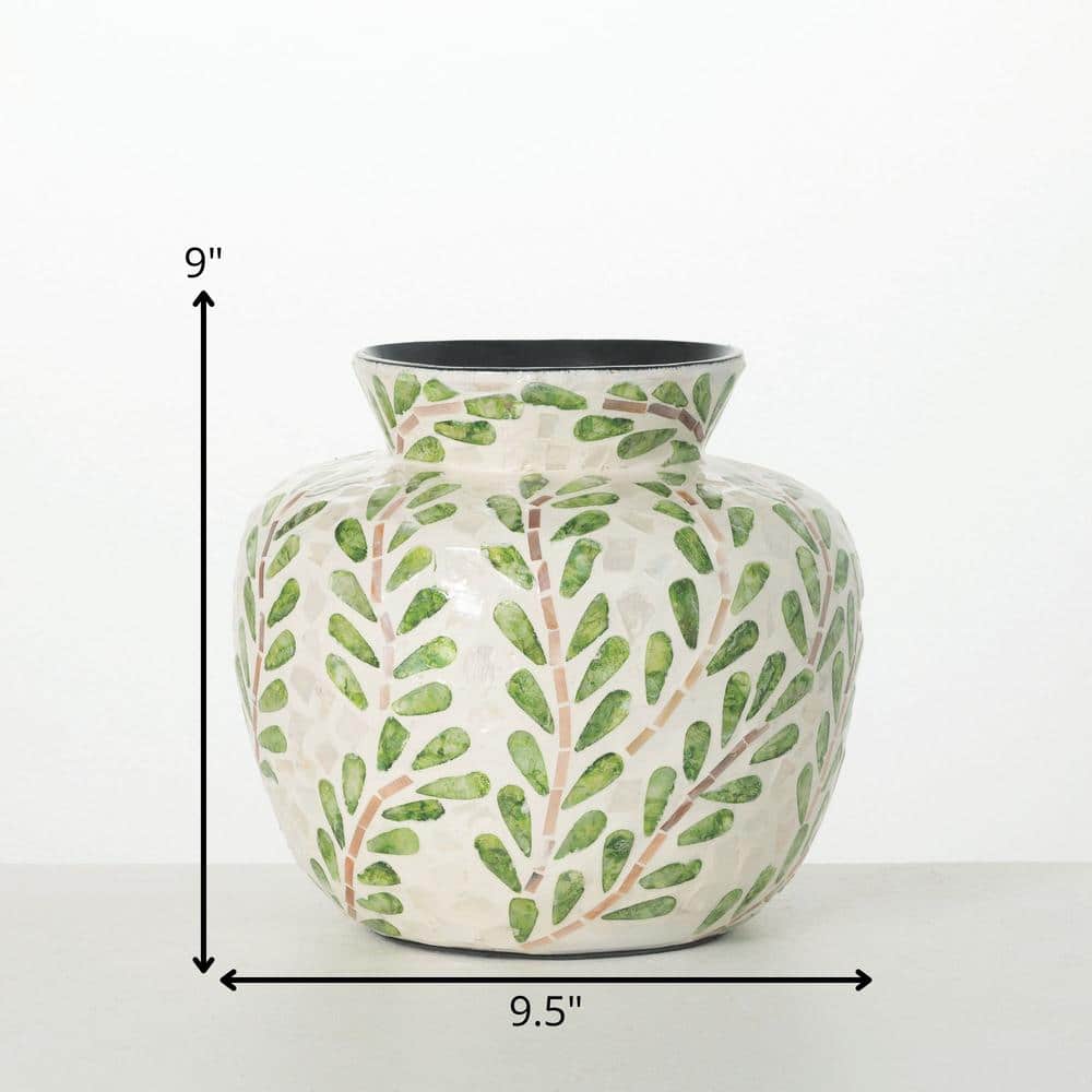 9.5" Green and Ivory Capiz Leaf Pattern Bouquet Vase
