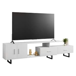 Avery Mid Century Modern Rectangular TV Stand with MDF Wood Cabinet and Powder Coated Steel Legs, White