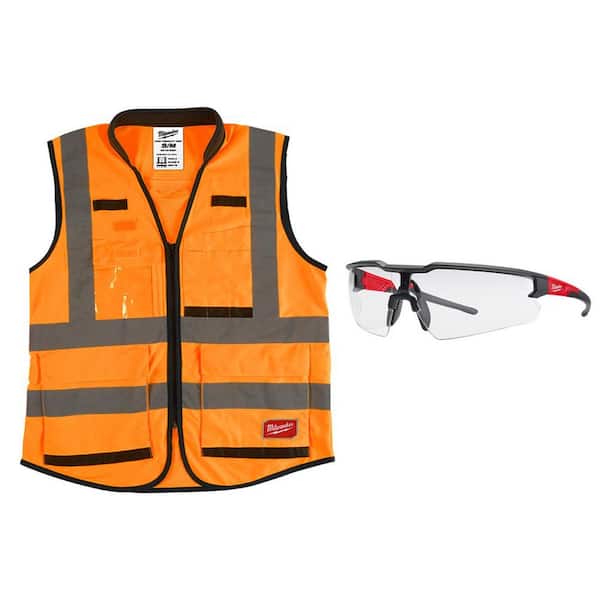 Milwaukee Premium 2X/3X-Large Orange Class 2-High Visibility Safety Vest with 15 Pockets and Clear Anti Scratch Safety Glasses