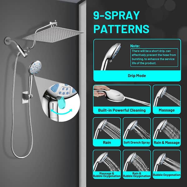 Rainfull 2-in-1 9-Spray Patterns with 1.8 GPM 12 in. Wall Mount Dual Shower Head and Handheld Shower Head in Chrome
