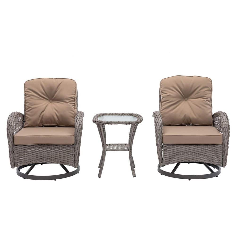3-Piece Wicker Outdoor Patio Swivel Outdoor Rocking Chair Set with Khaki Th