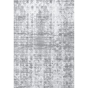 Alva Faded Abstract Machine Washable Light Gray Doormat 3 ft. x 5 ft. Accent Rug