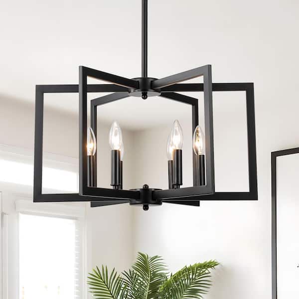 Modern 6-Light Black Chandelier with Geometric Frame, Candle-Style Pendant Light, Adjustable Height for Dining, Entryway