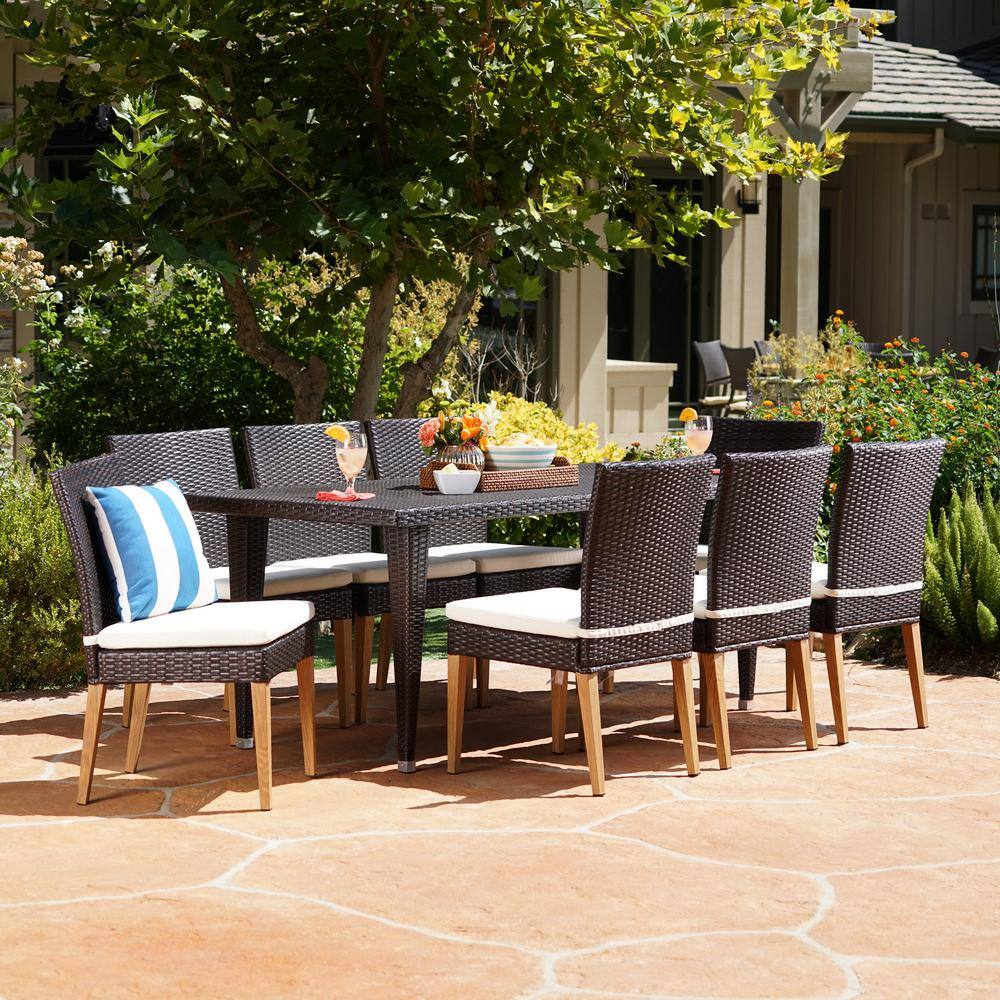 Noble House Multi-Brown 9-Piece Wicker Rectangular Outdoor Dining Set ...