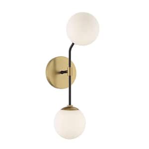 5.5 in. W x 19.5 in. H 2-Light Matte Black and Natural Brass Wall Sconce with White Opal Glass Orb Shade