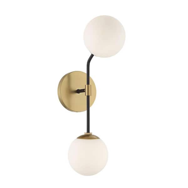 TUXEDO PARK LIGHTING 5.5 in. W x 19.5 in. H 2-Light Matte Black and Natural Brass Wall Sconce with White Opal Glass Orb Shade