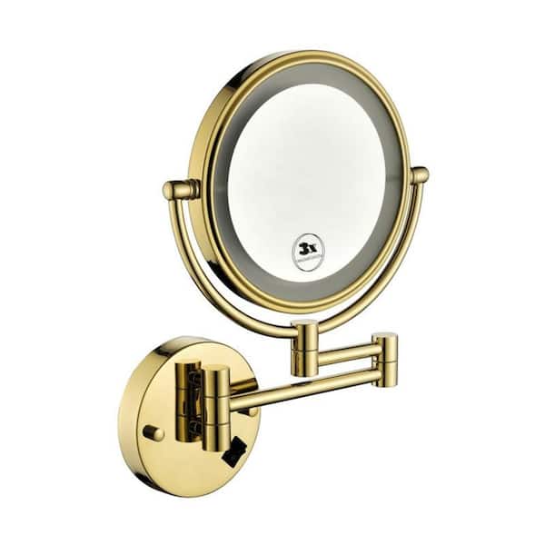 8 In W X H 1x 3x Magnifying Wall Mounted Bathroom Makeup Mirror With Extension Arm And Led Lights Gold