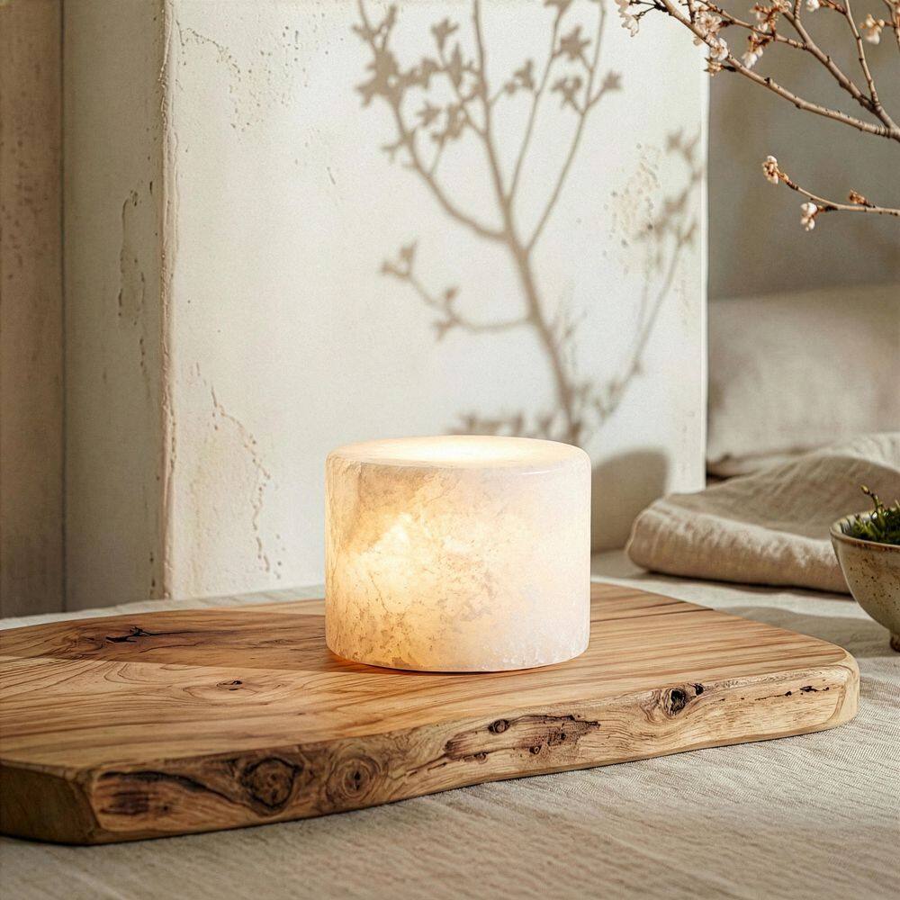 Rhea 2.3 in. LED Marbled Natural White Alabaster Stone Modern Industrial Battery Powered Bedside Nightstand Desk Lamp