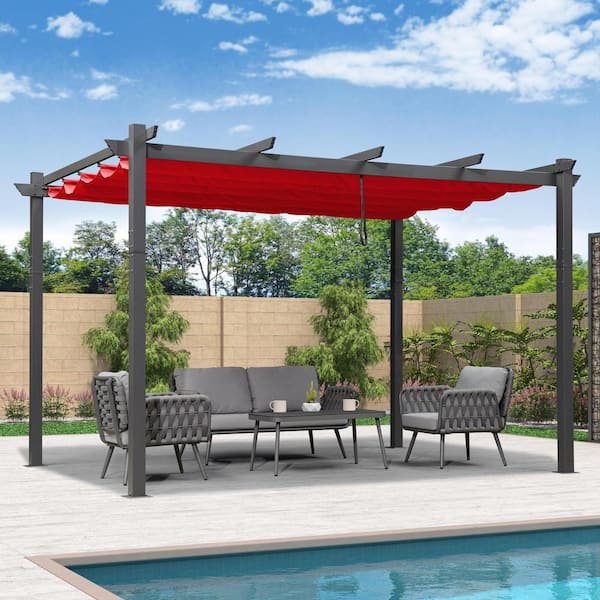 PURPLE LEAF 11 ft. W x 13 ft. D Outdoor Gray Aluminum Pergola with Red Adjustable Fade-Resistant Sun Shelter Canopy for Pavilion