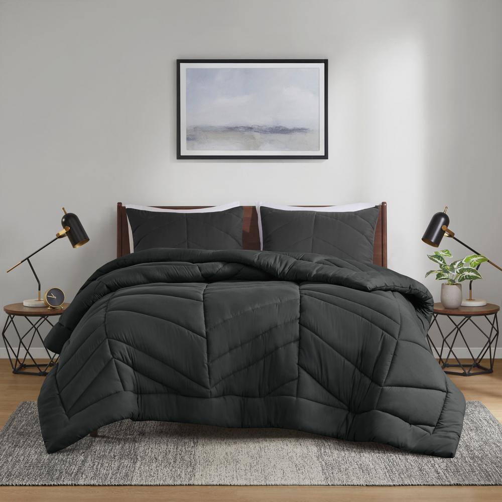 Black Twin Microfiber Reversible Chevron Comforter Set
