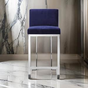 26 in. Blue and Silver Low Back Metal Frame Bar Stool with Velvet Seat