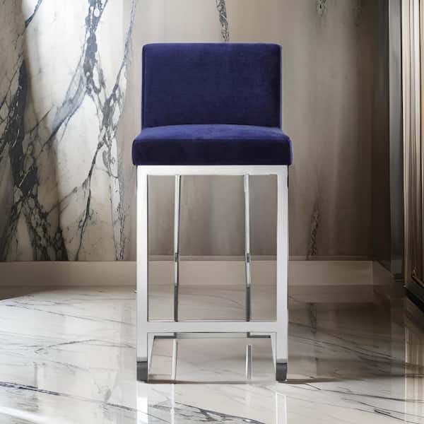 Benjara 26 in. Blue and Silver Low Back Metal Frame Bar Stool with Velvet Seat