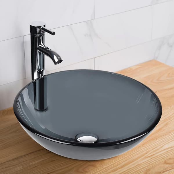 Flynama Bathroom Round Glass Vessel Sink with Faucet in Gray