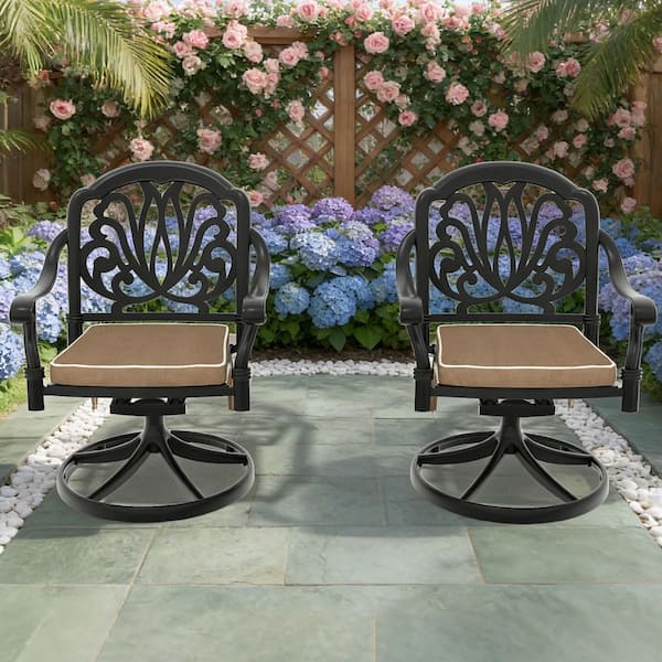 Black Cast Aluminum Patio Swivel Dining Chair With Brown Cushions (2-Pack)