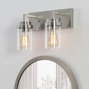 14 in. 2-Light Brushed Nickel Vanity Light with Clear Glass Shade