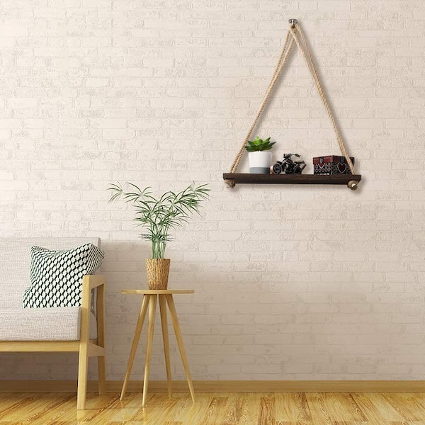 Brown Hanging Shelves, Wood Floating Wall Shelves Rustic Hanging Swing Rope Shelves (Set of 4)