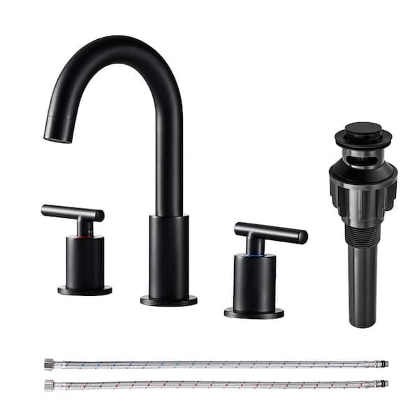 8 in. Widespread Double Handle Bathroom Faucet with Pop Up Drain and Supply Lines in Matte Black