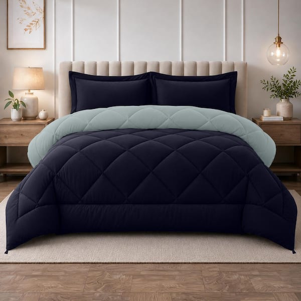3-Piece Medium Warmth Reversible Navy Down Alternative King Comforter