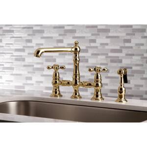 English Country 2-Handle Bridge Kitchen Faucet with Side Sprayer in Polished Brass