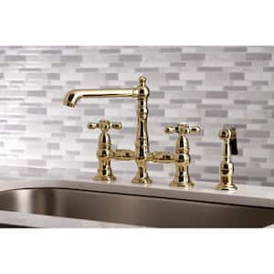 English Country 2-Handle Bridge Kitchen Faucet with Side Sprayer in Polished Brass