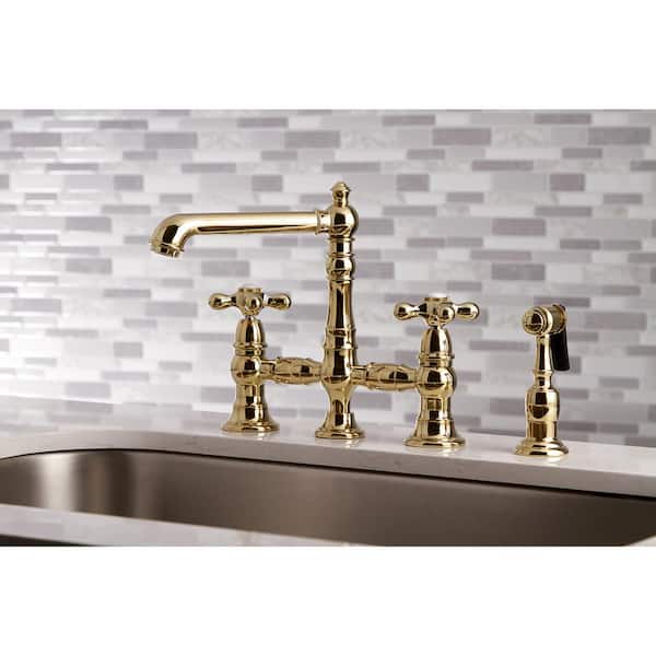 English Country 2-Handle Bridge Kitchen Faucet with Side Sprayer in Polished Brass