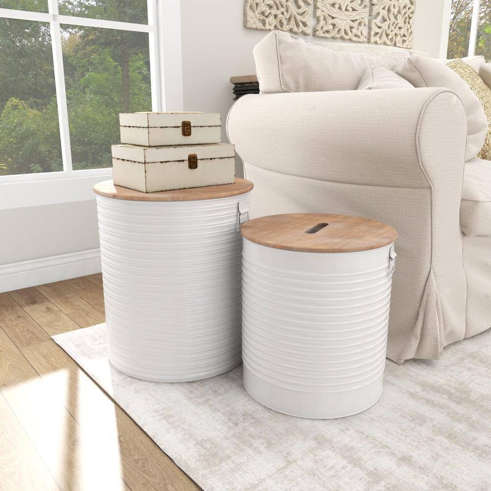 White Metal Cylinder Storage Stools with Brown Wood Tops, Set of 2