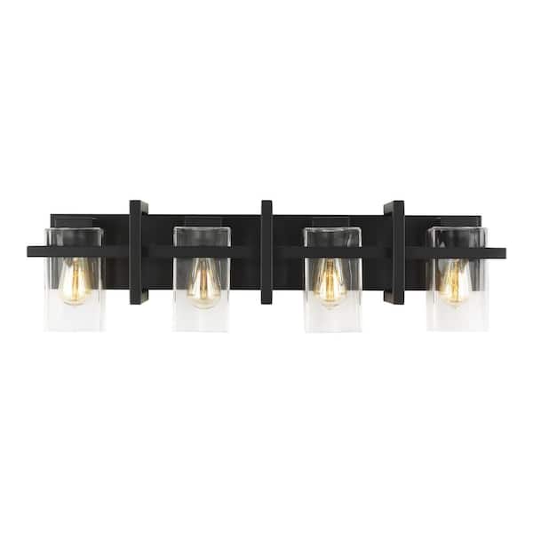 Generation Lighting Mitte 33 in. 4-Light Matte Black Industrial Transitional Bathroom Vanity Light with Clear Glass Shade Panels