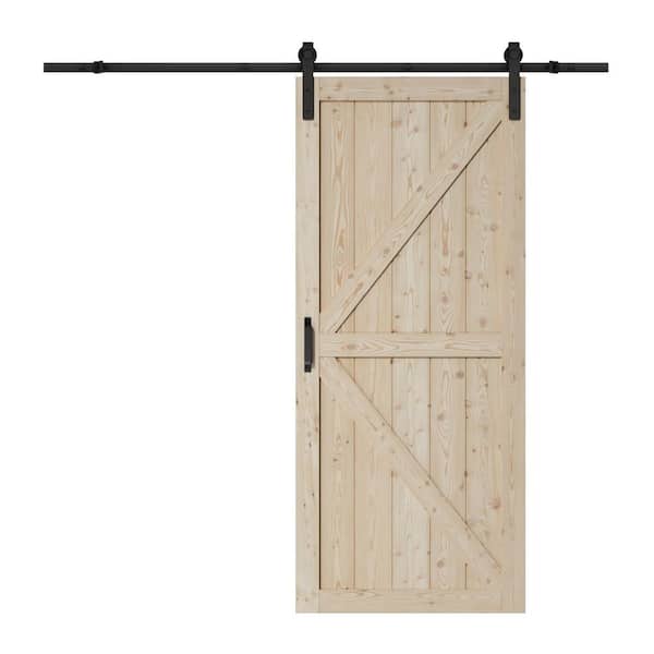 ARK DESIGN 36 in. x 84 in. Paneled K Shape Solid Core Pine Unfinished Wood Sliding Barn Door with Hardware Kit
