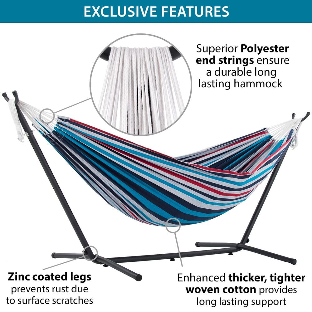 Denim Striped Cotton Double Hammock with Steel Stand