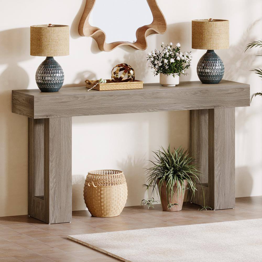 Turrella 63 in. W Distressed White Wood Console Table, Rectangle Farmhouse Sofa Table with Double Pedestal