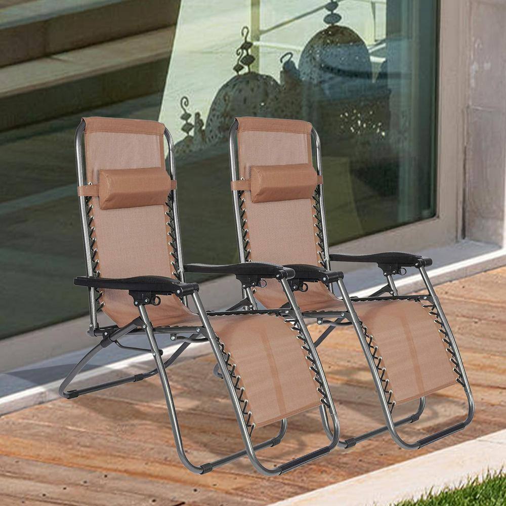 Brown and Black Stainless Steel Zero Gravity Outdoor Chaise Lounge with Cushions