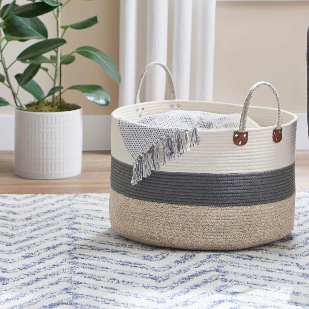 Home Decorators Collection Round Cotton Rope Striped Storage Basket ...