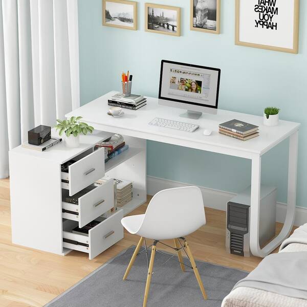 Fufu Gaga 55 1 In L Shaped White Wood Writing Desk Corner Gaming With 2 Tier Shelves And 3 Drawers Home Office Use Kf210009 02 C Fufu Gaga 55 1 In L Shaped White Wood, Small White Corner Writing Desk