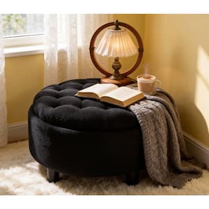 Black Polyester Round Storage Ottoman, Side Table with Tray (25 in. ) Ottoman