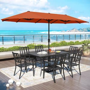 8-Piece Metal Outdoor Patio Dining Set with Red Orange Umbrella and Modern Stackable Chairs