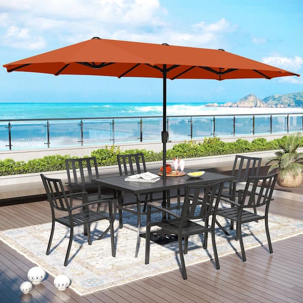 PHI VILLA 8-Piece Metal Outdoor Patio Dining Set with Red Orange Umbrella and Modern Stackable Chairs