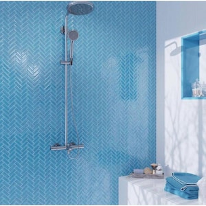 Sky Blue 11 in. x 12.6 in. Herringbone Polished Glass Mosaic Tile (4.81 sq. ft./Case)