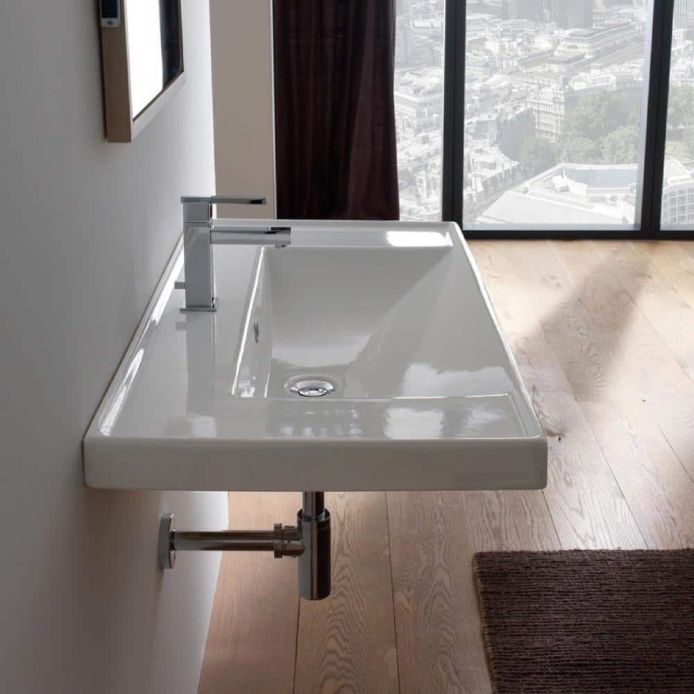 Glossy White Ceramic Rectangular Wall Mounted Bathroom Sink with Overflow