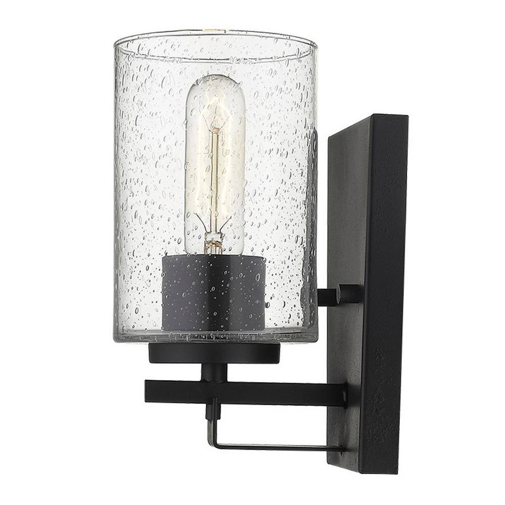 Orella Matte Black Steel Cylinder Sconce with Seedy Glass
