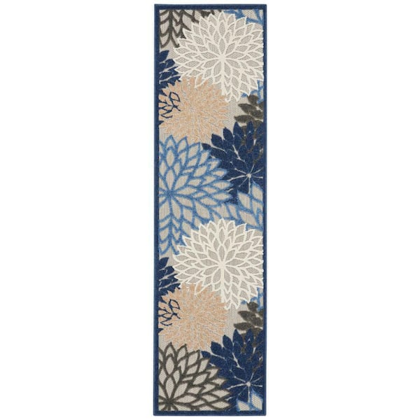 Nourison Aloha Blue/Multicolor 2 ft. x 12 ft. Kitchen Runner Floral Modern Indoor/Outdoor Patio Area Rug