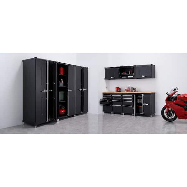 PRO 192 in. W x 75.7 in. H x 24 in. D 18-Gauge Steel Garage Cabinet Drawer Set in Black with Solid Wood Top (11-Piece)